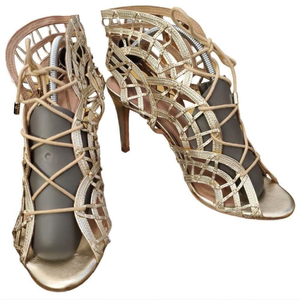 Joie Leah Gold Caged Padded Almond Toe Stiletto Lace-Up Leather Heeled Sandal 40